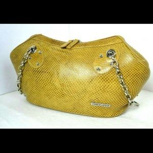 CHARLIE LAPSON LIGHT BROWN TAN SNAKE SKIN PRINT GENUINE LEATHER CLUTCH BAG.